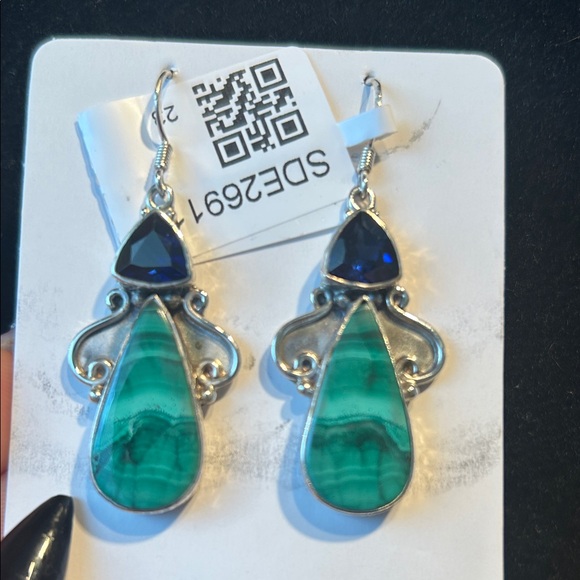Malachite and Blue Sapphire Earrings - Picture 2 of 4
